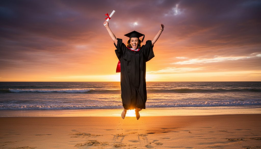 A vibrant 'epic moment' photograph showcasing an Aspendale graduation photography capturing beachfront joy, with a graduate in cap and gown leaping triumphantly on the golden sands of Aspendale Beach at sunset, diploma held high, waves gently crashing behind them.