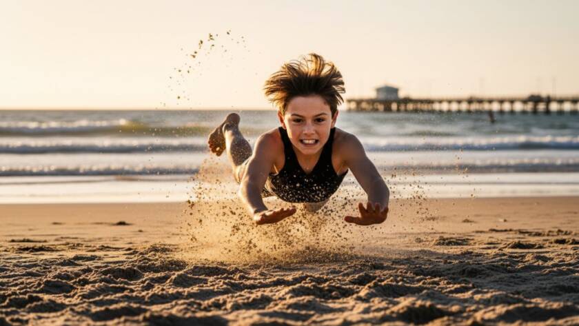 Dynamic close-up shot of a young Aspendale Junior Surf Life Saving athlete, mid-stride during a beach sprint, with water splashing dramatically around their feet, capturing the sheer determination and power in an epic moment of Aspendale Junior Surf Life Saving Sports Photography Capturing Epic Moments, with the iconic Aspendale beach and bay in the background under golden hour.