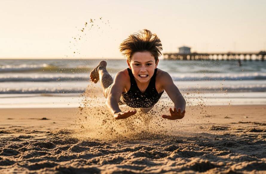 Dynamic close-up shot of a young Aspendale Junior Surf Life Saving athlete, mid-stride during a beach sprint, with water splashing dramatically around their feet, capturing the sheer determination and power in an epic moment of Aspendale Junior Surf Life Saving Sports Photography Capturing Epic Moments, with the iconic Aspendale beach and bay in the background under golden hour.