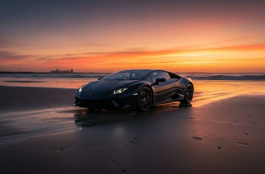 Dynamic shot capturing a sleek, dark grey sports car at sunset on the Aspendale foreshore, headlights on, with blurred motion suggesting speed, emphasizing Aspendale performance car photography.