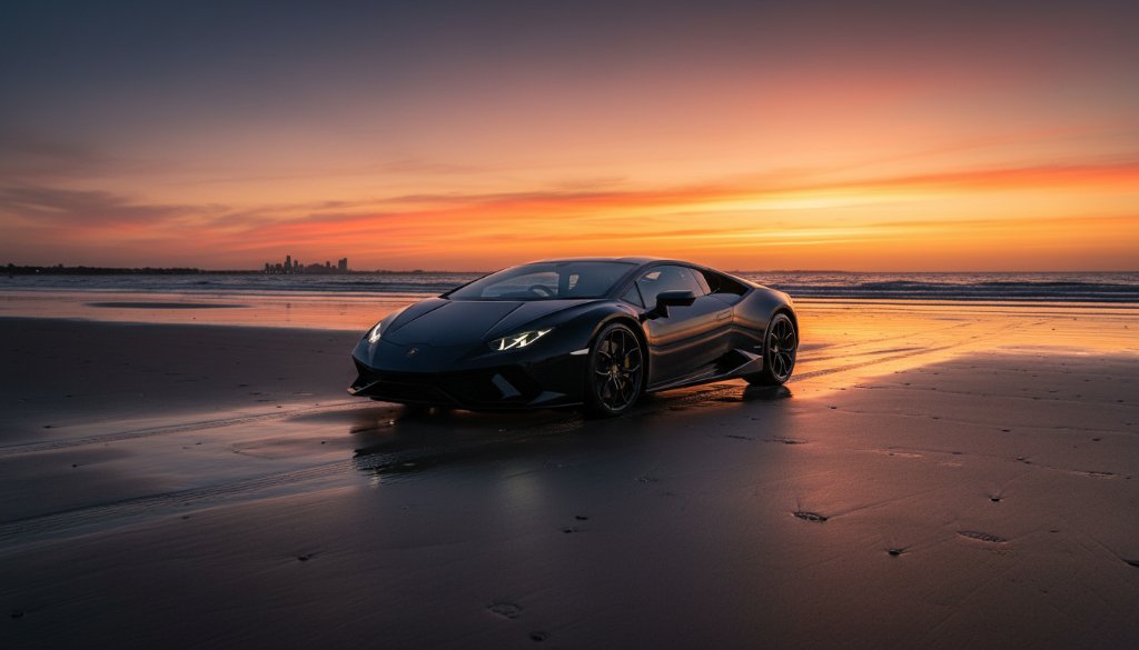 Dynamic shot capturing a sleek, dark grey sports car at sunset on the Aspendale foreshore, headlights on, with blurred motion suggesting speed, emphasizing Aspendale performance car photography.