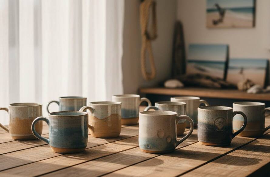 A wide-angle, cinematic shot of beautifully styled artisanal ceramic coffee mugs, showcasing the meticulous detail possible with Aspendale Product Photography for Online Shops, dramatically lit by golden hour sun filtering through a window in a chic Aspendale studio, emphasizing their premium quality.