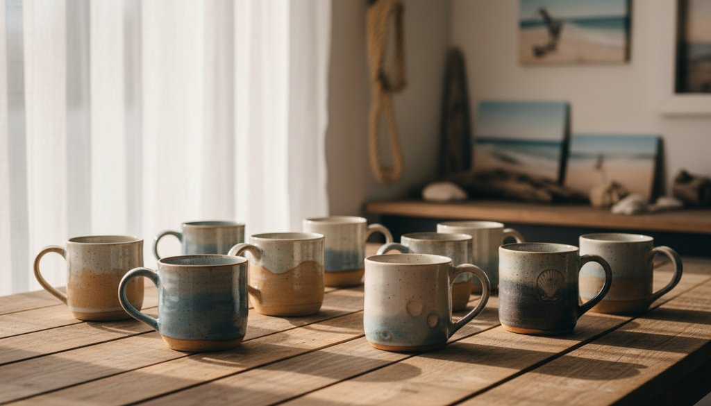 A wide-angle, cinematic shot of beautifully styled artisanal ceramic coffee mugs, showcasing the meticulous detail possible with Aspendale Product Photography for Online Shops, dramatically lit by golden hour sun filtering through a window in a chic Aspendale studio, emphasizing their premium quality.