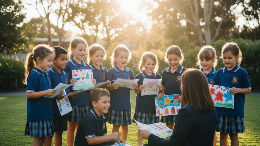 An energetic group of primary school children in Aspendale, Victoria, laughing and high-fiving on a sunny school oval, showcasing Aspendale school photography capturing authentic student joy with dramatic backlighting and vibrant colours.