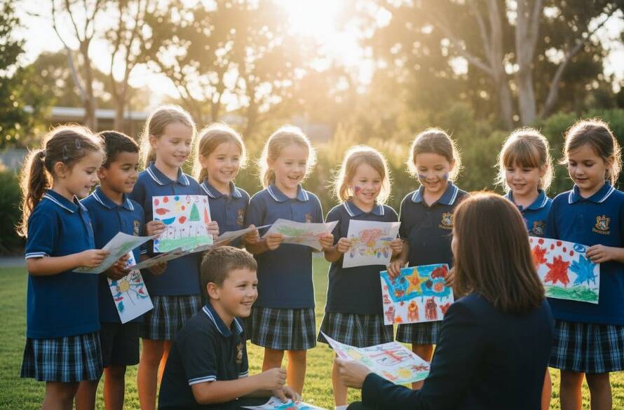 An energetic group of primary school children in Aspendale, Victoria, laughing and high-fiving on a sunny school oval, showcasing Aspendale school photography capturing authentic student joy with dramatic backlighting and vibrant colours.