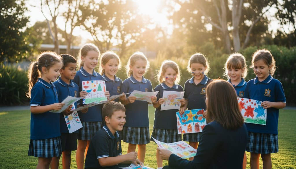 An energetic group of primary school children in Aspendale, Victoria, laughing and high-fiving on a sunny school oval, showcasing Aspendale school photography capturing authentic student joy with dramatic backlighting and vibrant colours.