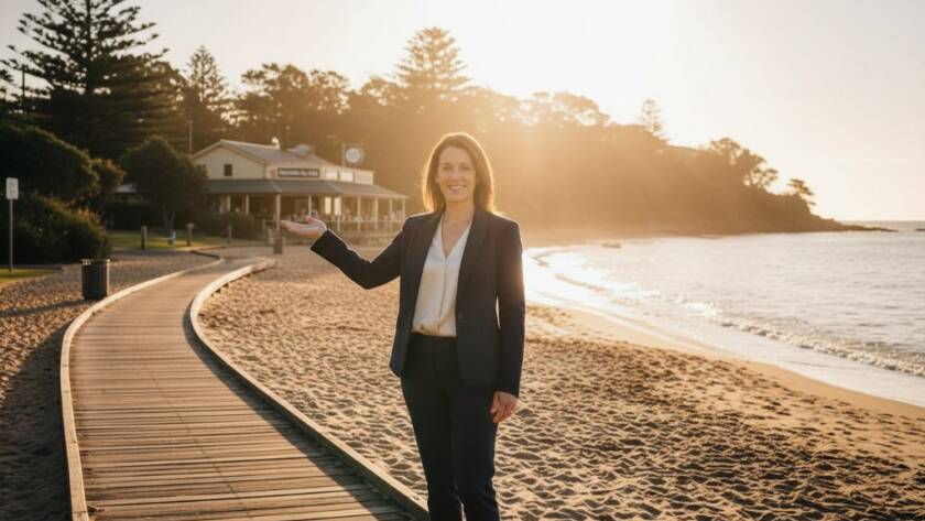 A dynamic long-exposure shot capturing an Aspendale waterfront business branding photography session at sunset, with a local entrepreneur confidently posing against the glowing Port Phillip Bay, showcasing professionalism and local pride.