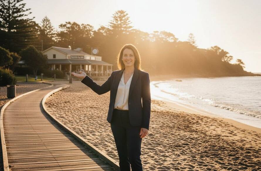 A dynamic long-exposure shot capturing an Aspendale waterfront business branding photography session at sunset, with a local entrepreneur confidently posing against the glowing Port Phillip Bay, showcasing professionalism and local pride.