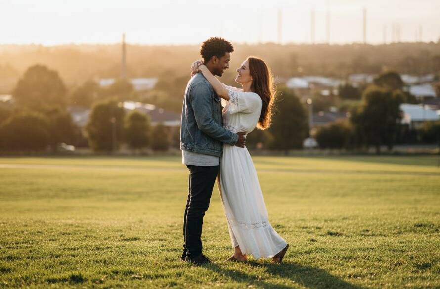A young couple sharing a tender, joyful embrace under the dramatic sunset glow, silhouetted against the iconic Ardeer industrial skyline and lush parklands, epitomizing authentic Ardeer engagement photography Victoria with a cinematic feel.