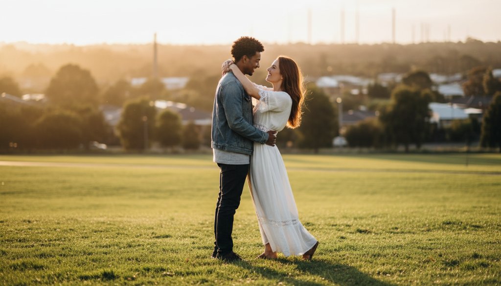 A young couple sharing a tender, joyful embrace under the dramatic sunset glow, silhouetted against the iconic Ardeer industrial skyline and lush parklands, epitomizing authentic Ardeer engagement photography Victoria with a cinematic feel.