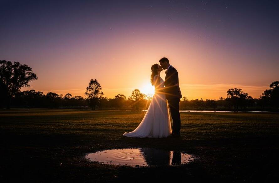 An epic moment of a joyful newlywed couple embracing under dramatic sunset light in a picturesque Ardeer park, showcasing authentic Ardeer wedding photography with professional color grading.