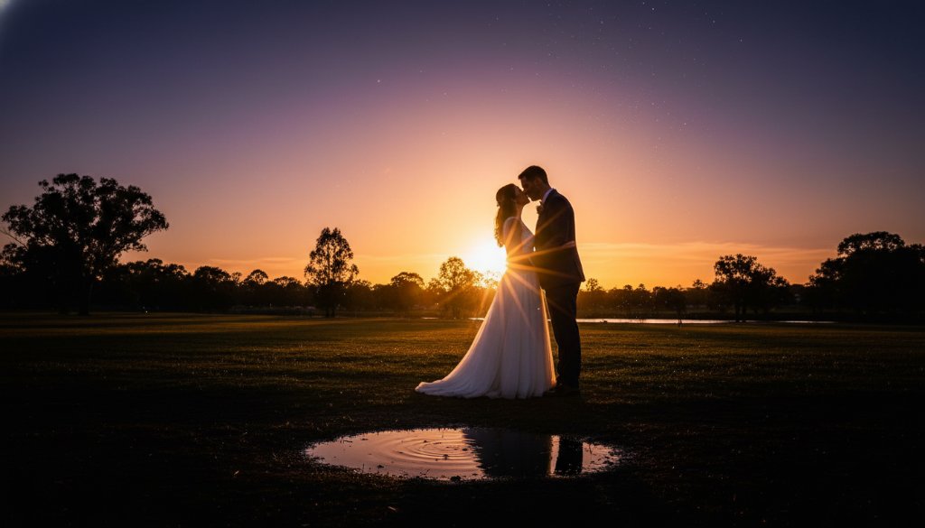 An epic moment of a joyful newlywed couple embracing under dramatic sunset light in a picturesque Ardeer park, showcasing authentic Ardeer wedding photography with professional color grading.