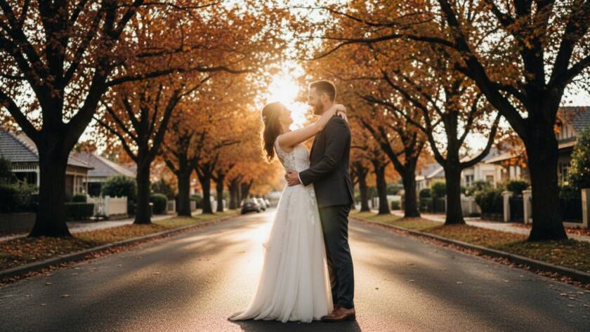 Authentic Ashburton Wedding Photography Capturing Love Stories: A dramatic, high-angle shot of a newlywed couple embracing passionately under a canopy of autumnal trees at Warner Reserve, Ashburton, with golden hour light silhouetting them against the warm glow, conveying joy and intimacy.