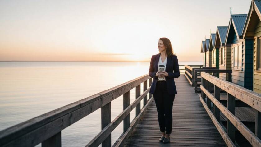 A dynamic, cinematic portrait capturing an Aspendale entrepreneur confidently looking towards the horizon, bathed in the golden hour light by the iconic Aspendale beach boxes, symbolizing the power of authentic Aspendale branding photography for entrepreneurs.