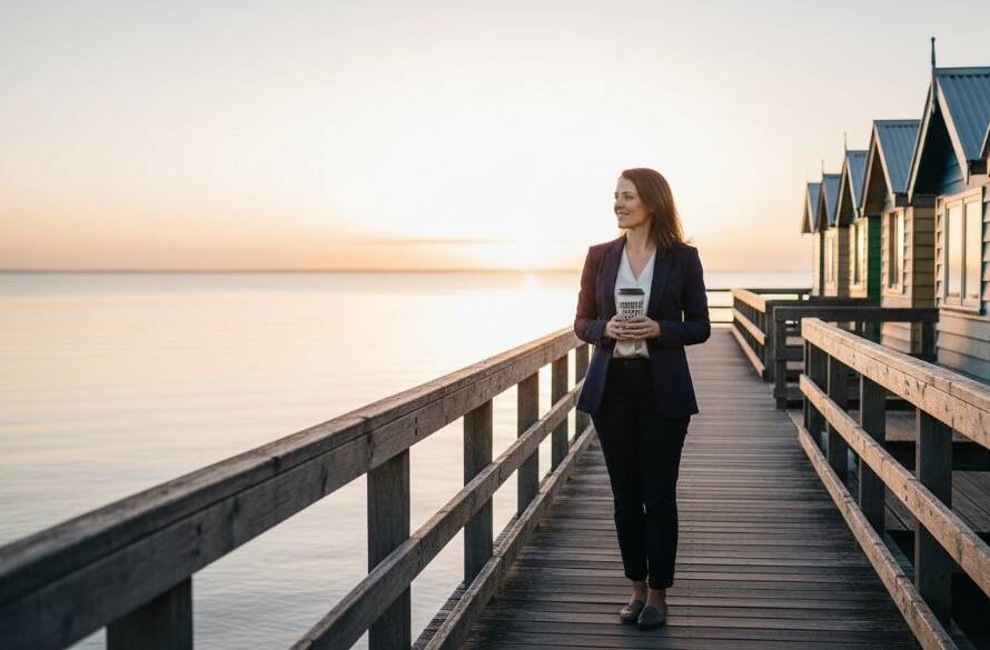 A dynamic, cinematic portrait capturing an Aspendale entrepreneur confidently looking towards the horizon, bathed in the golden hour light by the iconic Aspendale beach boxes, symbolizing the power of authentic Aspendale branding photography for entrepreneurs.
