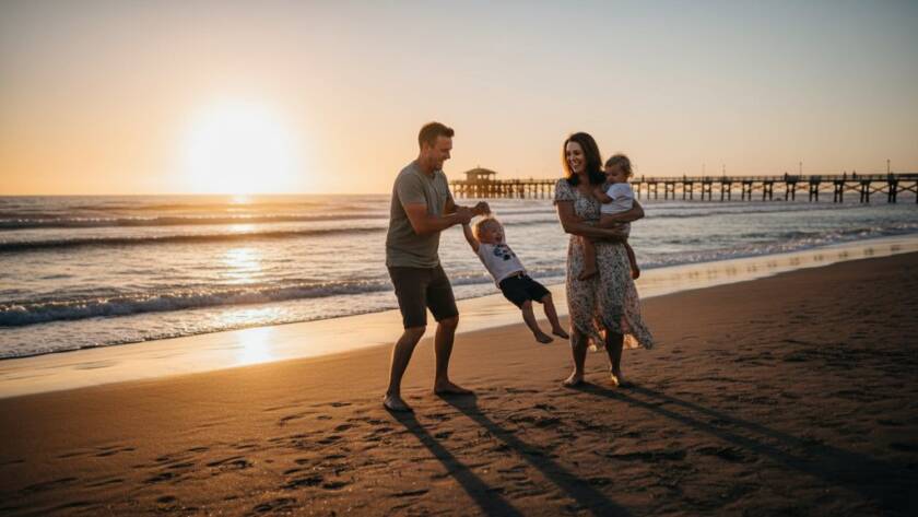 A heartwarming, sun-drenched candid moment of a family laughing and running along the Aspendale beach at sunset, capturing authentic Aspendale candid beach photos with golden light reflecting on the water.