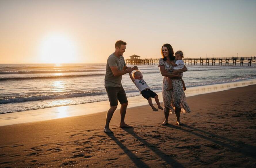 A heartwarming, sun-drenched candid moment of a family laughing and running along the Aspendale beach at sunset, capturing authentic Aspendale candid beach photos with golden light reflecting on the water.