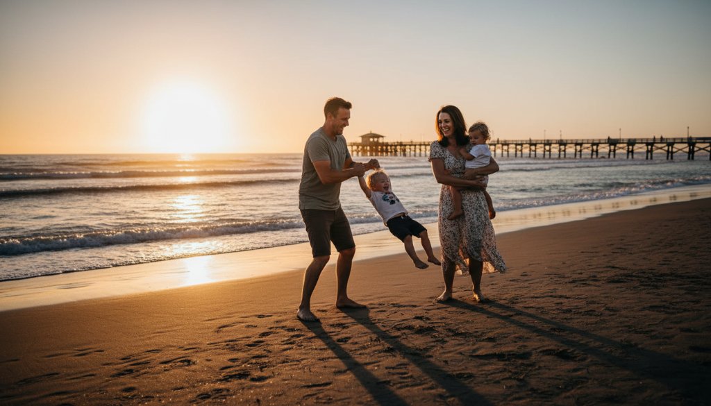 A heartwarming, sun-drenched candid moment of a family laughing and running along the Aspendale beach at sunset, capturing authentic Aspendale candid beach photos with golden light reflecting on the water.