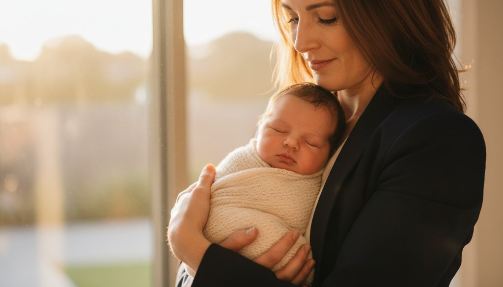 A heartwarming, professionally color-graded photograph capturing an authentic baby photography Bulleen family connections moment. A contented newborn baby is gently held by loving parents, bathed in soft, ethereal natural light streaming through a window in a Bulleen home, creating a timeless, tender portrait.