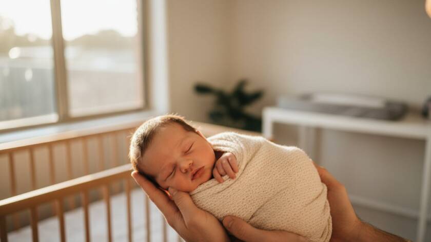 A tender, authentic baby photoshoot Bentleigh East moment featuring a newborn peacefully sleeping in a gentle, sunlit embrace, capturing a heartwarming and emotional scene in a professional, colour-graded photograph.