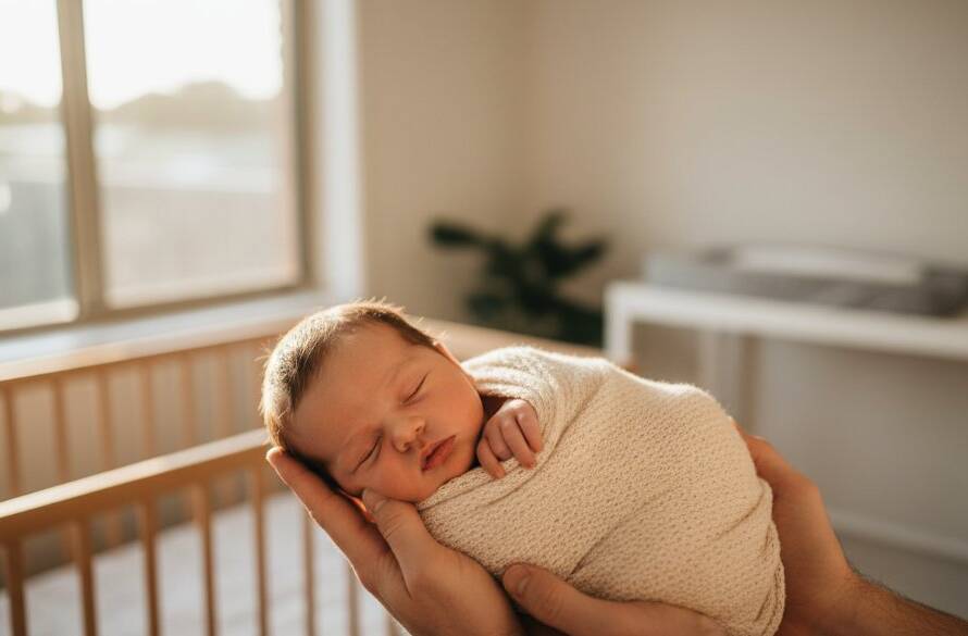 A tender, authentic baby photoshoot Bentleigh East moment featuring a newborn peacefully sleeping in a gentle, sunlit embrace, capturing a heartwarming and emotional scene in a professional, colour-graded photograph.
