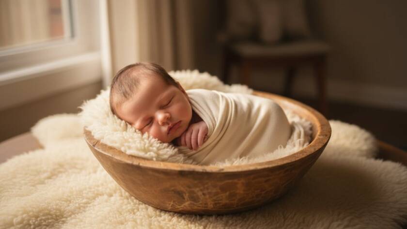 An authentic baby photoshoot in Taylors Hill Victoria, capturing a sleeping newborn nestled peacefully in a rustic wooden basket, bathed in soft, ethereal natural light, with a parent's hand gently cradling the baby's head, conveying tenderness and an epic, serene moment.