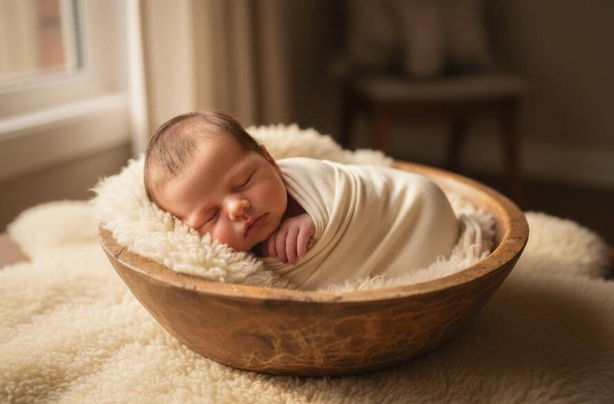 An authentic baby photoshoot in Taylors Hill Victoria, capturing a sleeping newborn nestled peacefully in a rustic wooden basket, bathed in soft, ethereal natural light, with a parent's hand gently cradling the baby's head, conveying tenderness and an epic, serene moment.