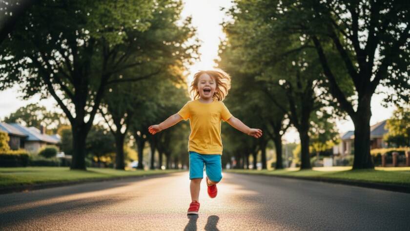 An energetic child, mid-laugh, joyfully running through autumn leaves in a sun-drenched Balwyn park, illuminated by golden hour light, depicting authentic Balwyn kids photography capturing pure joy.