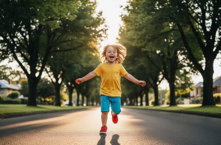 An energetic child, mid-laugh, joyfully running through autumn leaves in a sun-drenched Balwyn park, illuminated by golden hour light, depicting authentic Balwyn kids photography capturing pure joy.