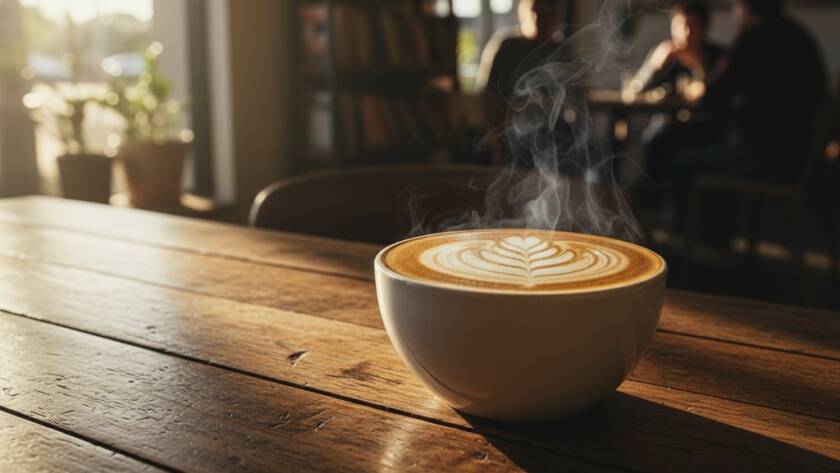 Captivating, professionally styled shot showcasing a steaming coffee with latte art, glistening under dramatic natural light by a window in a bustling Bayswater North cafe, emphasizing authentic Bayswater North food photography for local cafes.