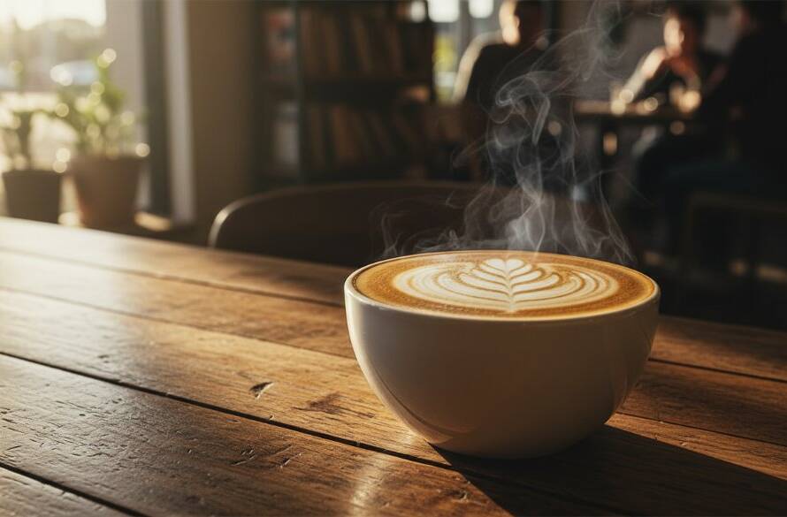 Captivating, professionally styled shot showcasing a steaming coffee with latte art, glistening under dramatic natural light by a window in a bustling Bayswater North cafe, emphasizing authentic Bayswater North food photography for local cafes.