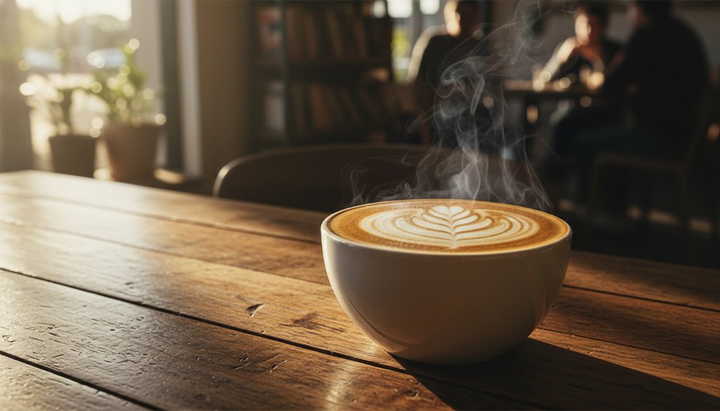 Captivating, professionally styled shot showcasing a steaming coffee with latte art, glistening under dramatic natural light by a window in a bustling Bayswater North cafe, emphasizing authentic Bayswater North food photography for local cafes.