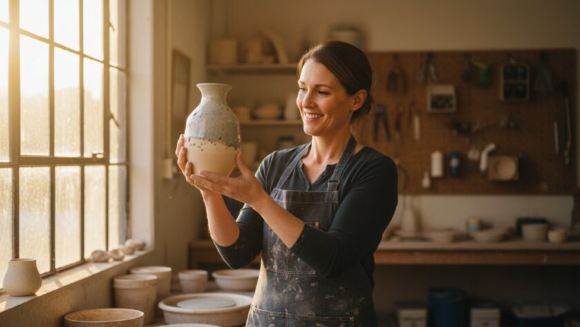 An artisan in Benalla, Victoria, proudly presenting their handcrafted ceramic piece, bathed in golden light from a workshop window, capturing an authentic Benalla branding photography for local businesses moment of dedication and skill.