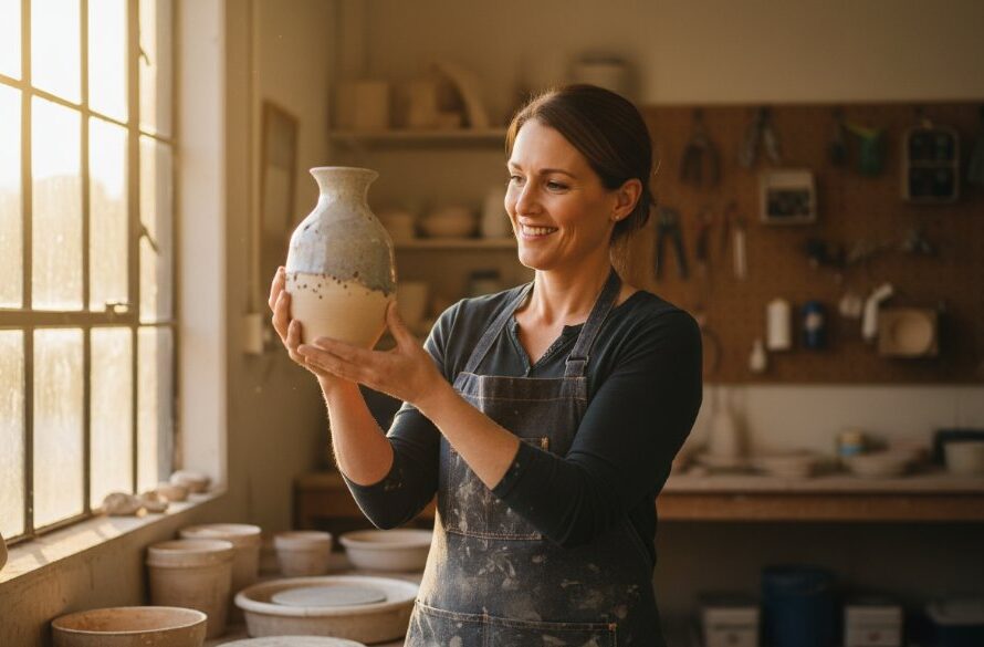 An artisan in Benalla, Victoria, proudly presenting their handcrafted ceramic piece, bathed in golden light from a workshop window, capturing an authentic Benalla branding photography for local businesses moment of dedication and skill.