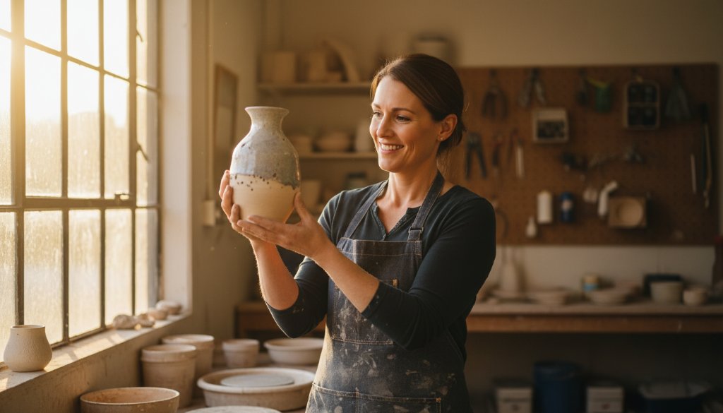 An artisan in Benalla, Victoria, proudly presenting their handcrafted ceramic piece, bathed in golden light from a workshop window, capturing an authentic Benalla branding photography for local businesses moment of dedication and skill.