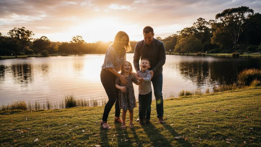 An emotional and candid moment captured by Image by SD, showcasing authentic Benalla candid photography for genuine memories, with a family laughing genuinely by the beautiful Benalla Botanical Gardens lake at sunset, bathed in golden hour light with professional colour grading.