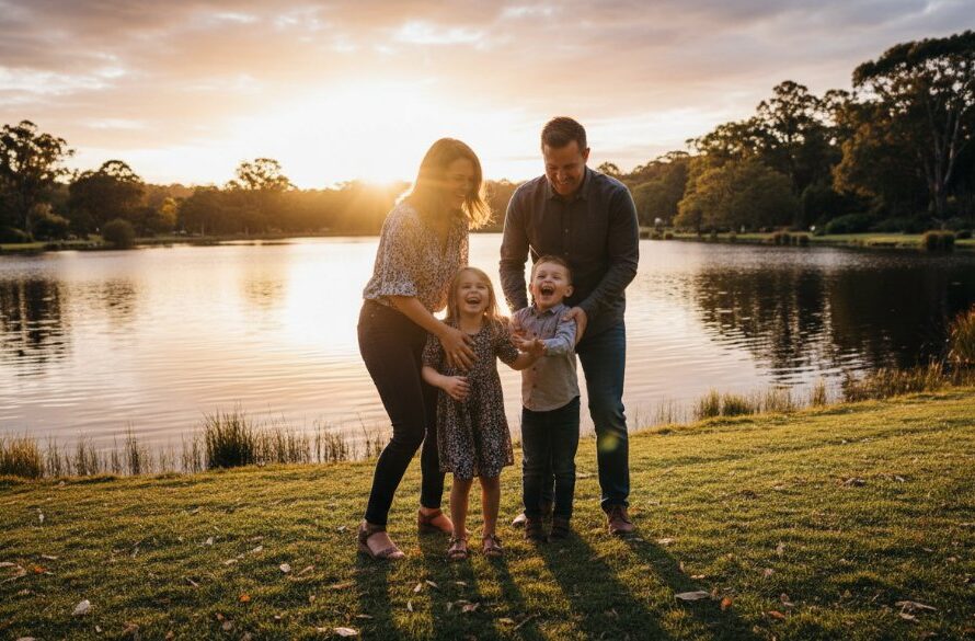 An emotional and candid moment captured by Image by SD, showcasing authentic Benalla candid photography for genuine memories, with a family laughing genuinely by the beautiful Benalla Botanical Gardens lake at sunset, bathed in golden hour light with professional colour grading.
