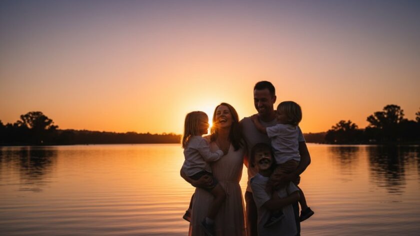 Authentic Benalla family photography capturing genuine joy, showing a family laughing together at sunset by Lake Benalla, golden light silhouetting them against the water.