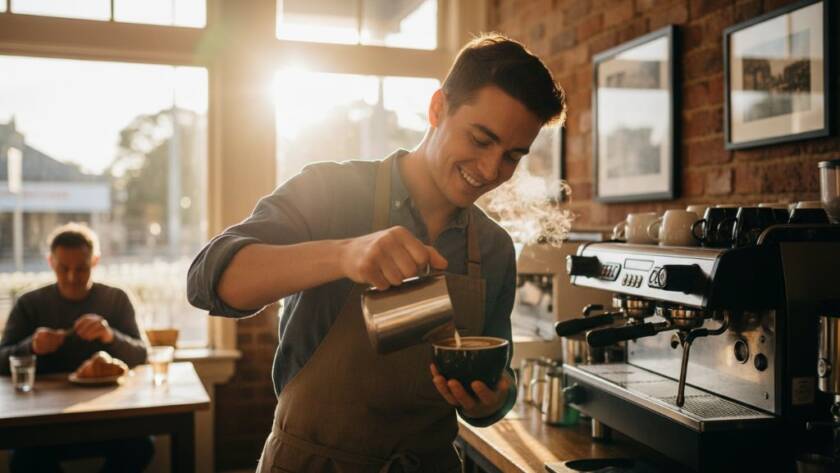 An epic moment captured: A Bentleigh cafe owner, mid-laugh, proudly presenting a beautifully crafted latte, with warm morning light streaming through the window of her bustling local cafe, showcasing authentic Bentleigh branding photography for small businesses.