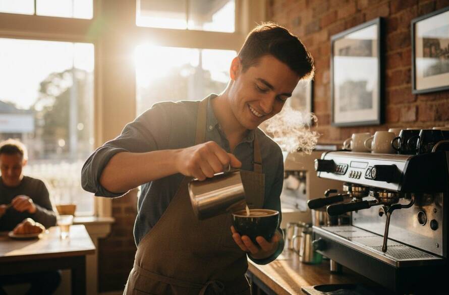 An epic moment captured: A Bentleigh cafe owner, mid-laugh, proudly presenting a beautifully crafted latte, with warm morning light streaming through the window of her bustling local cafe, showcasing authentic Bentleigh branding photography for small businesses.
