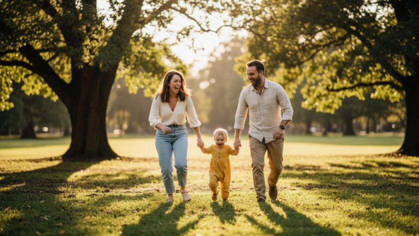 An epic moment of genuine joy captured through authentic Bentleigh candid photography, featuring a family laughing spontaneously at a local Bentleigh park during sunset, with warm golden light.