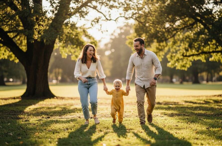 An epic moment of genuine joy captured through authentic Bentleigh candid photography, featuring a family laughing spontaneously at a local Bentleigh park during sunset, with warm golden light.