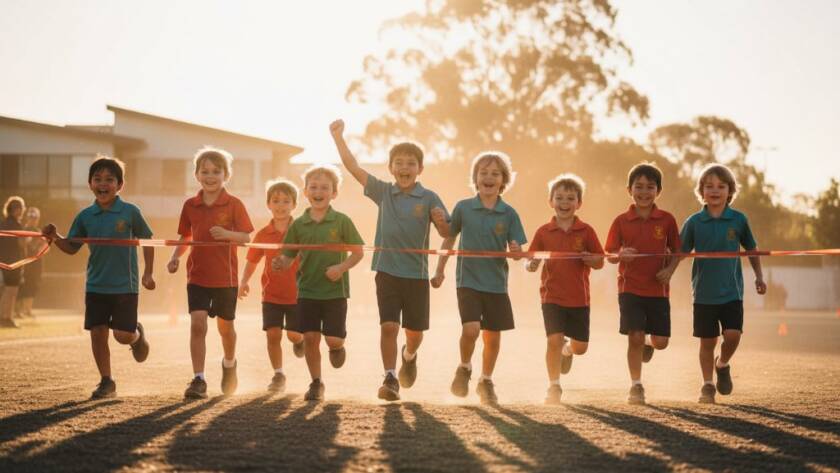 An uplifting, color-graded professional photograph showcasing authentic Bentleigh school photography for memorable yearbooks, featuring a group of diverse primary school students laughing joyfully on a sunny oval in Bentleigh, celebrating a sports day victory with their arms around each other, golden afternoon light catching their excited faces and uniforms, with the classic Bentleigh school architecture blurred softly in the background. Capturing a genuine moment of triumph and friendship.