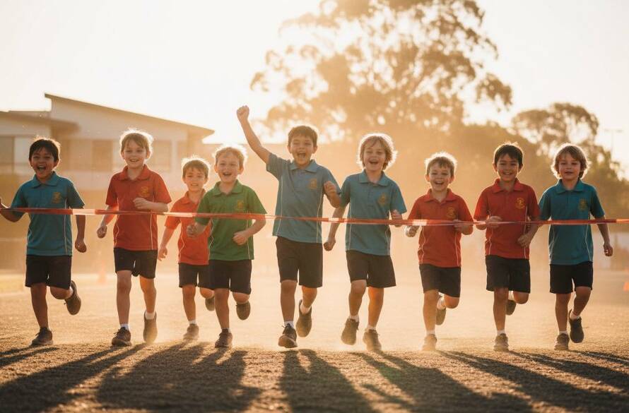 An uplifting, color-graded professional photograph showcasing authentic Bentleigh school photography for memorable yearbooks, featuring a group of diverse primary school students laughing joyfully on a sunny oval in Bentleigh, celebrating a sports day victory with their arms around each other, golden afternoon light catching their excited faces and uniforms, with the classic Bentleigh school architecture blurred softly in the background. Capturing a genuine moment of triumph and friendship.