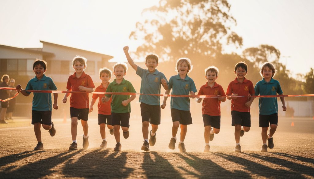 An uplifting, color-graded professional photograph showcasing authentic Bentleigh school photography for memorable yearbooks, featuring a group of diverse primary school students laughing joyfully on a sunny oval in Bentleigh, celebrating a sports day victory with their arms around each other, golden afternoon light catching their excited faces and uniforms, with the classic Bentleigh school architecture blurred softly in the background. Capturing a genuine moment of triumph and friendship.