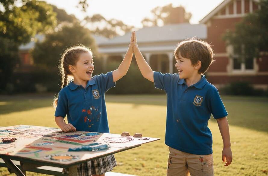 A heartwarming, cinematic shot capturing an authentic Berwick school photography genuine student moment, showing two primary school children laughing joyfully while playing in a sun-drenched Berwick schoolyard, with vibrant spring colours in the background.