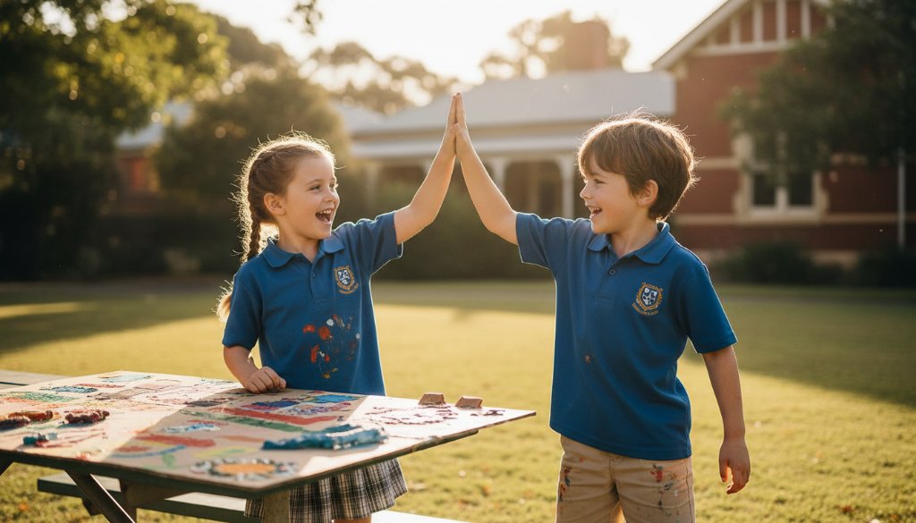A heartwarming, cinematic shot capturing an authentic Berwick school photography genuine student moment, showing two primary school children laughing joyfully while playing in a sun-drenched Berwick schoolyard, with vibrant spring colours in the background.