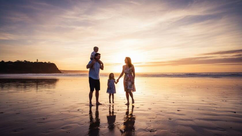 An emotionally resonant, wide-angle professional photograph capturing an authentic Black Rock family beach photography moment at sunset, with parents holding hands and their two young children running towards the calm waves, silhouetted against a golden sky with dramatic light reflecting on the water, creating an epic, joyous, and cinematic scene.