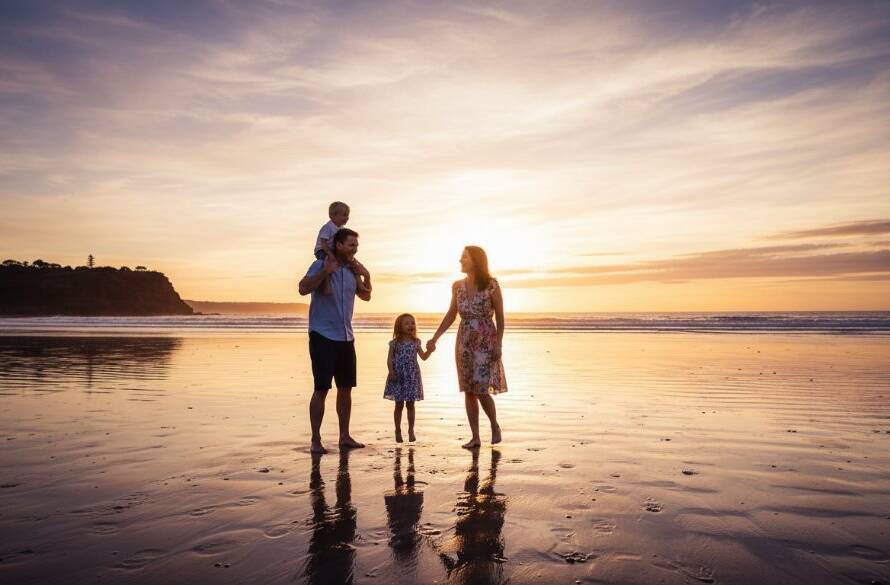 An emotionally resonant, wide-angle professional photograph capturing an authentic Black Rock family beach photography moment at sunset, with parents holding hands and their two young children running towards the calm waves, silhouetted against a golden sky with dramatic light reflecting on the water, creating an epic, joyous, and cinematic scene.