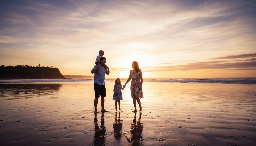 An emotionally resonant, wide-angle professional photograph capturing an authentic Black Rock family beach photography moment at sunset, with parents holding hands and their two young children running towards the calm waves, silhouetted against a golden sky with dramatic light reflecting on the water, creating an epic, joyous, and cinematic scene.